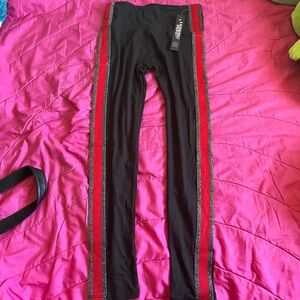 Leggings Depot Black Leggings with Red & Silver Side Stripes